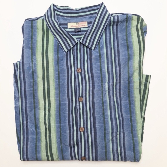 Tommy Bahama Relax 100% Silk Beach Short Sleeve ButtonDown XL Striped Blue Green - Picture 1 of 8
